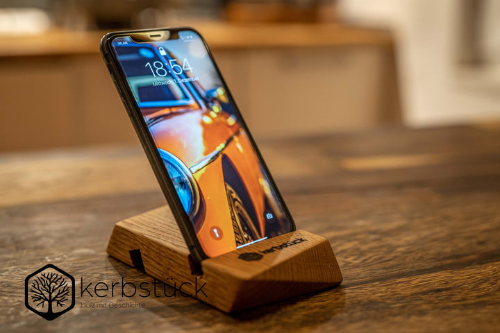 Ständer aus recyceltem Eichenholz für Smartphones, Handys und Tablets