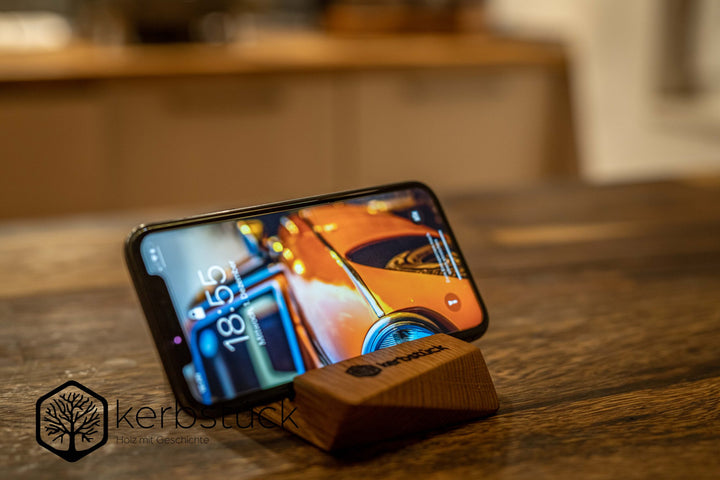 Ständer aus recyceltem Eichenholz für Smartphones, Handys und Tablets